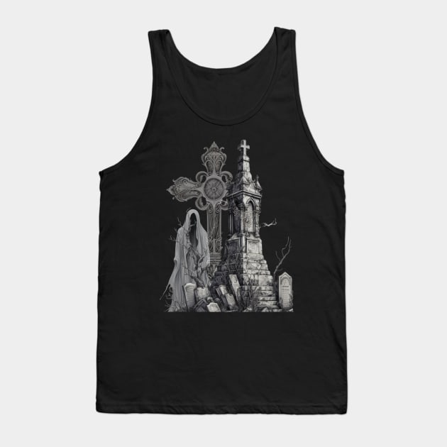 Spooky Ghost Halloween Cemetery Tank Top by mw1designsart